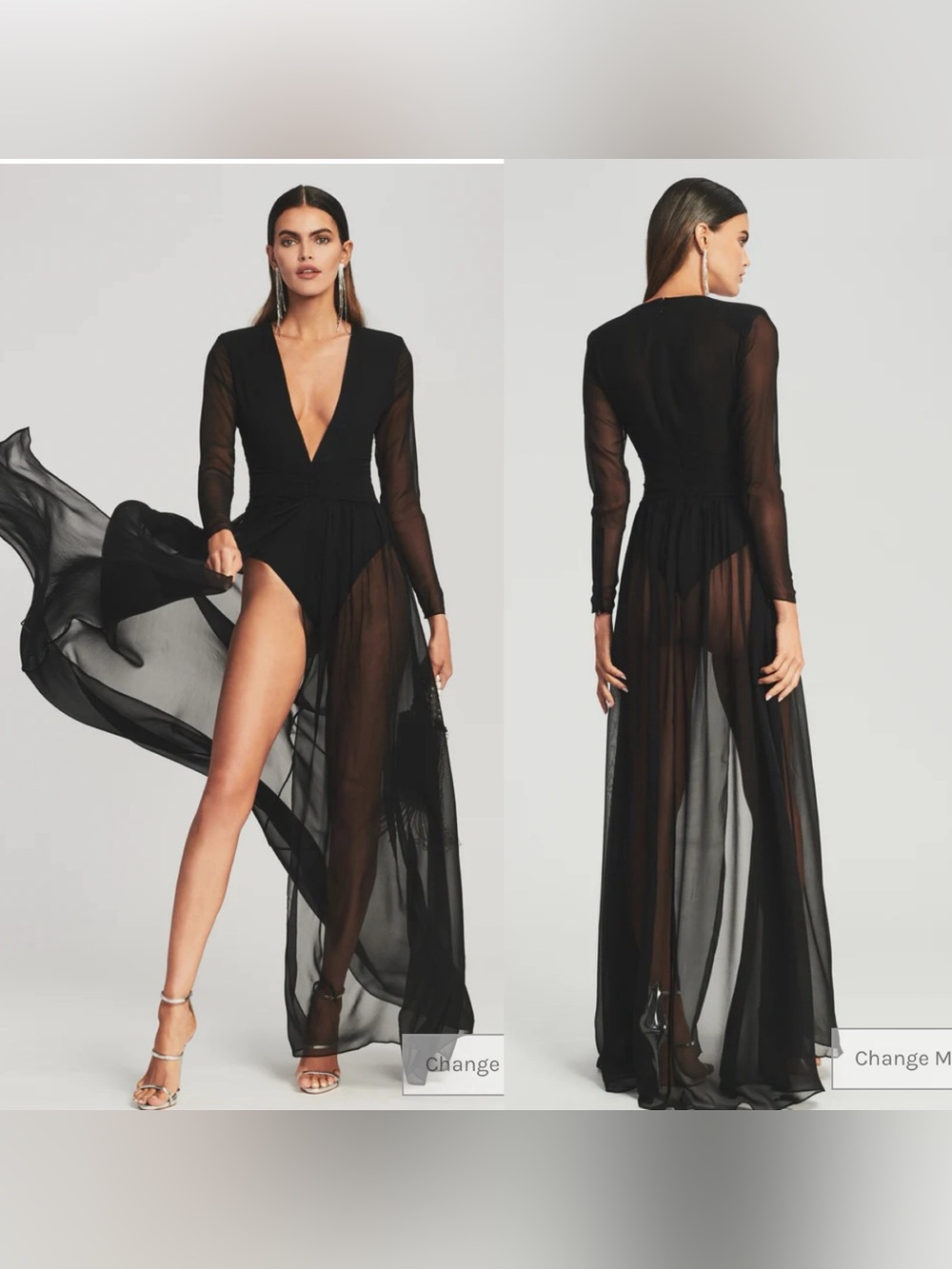 Retrofête Ángela Black Sheer Plunge High Slit Maxi Gown Dress Size S NWT